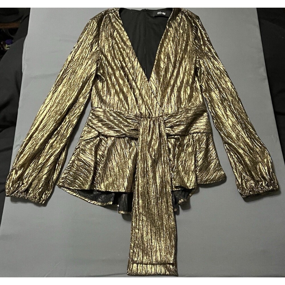 Do+Be New Years Party Top L Womens Gold Shimmer Long Sleeve Deep V Coquette